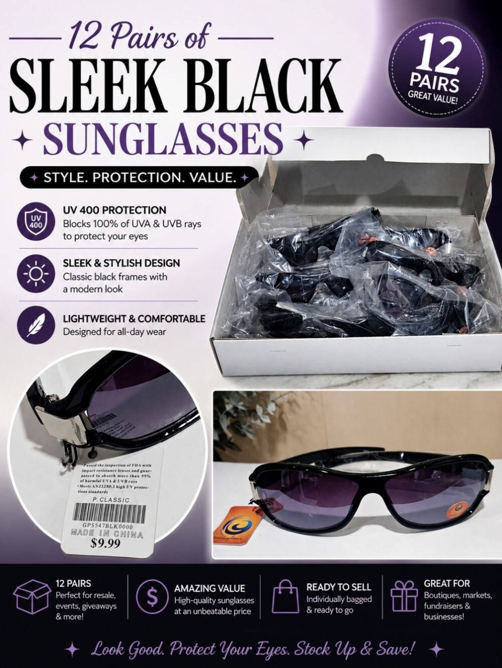 12 Pairs of Sleek Black Sunglasses With UV 400 Protection NWT